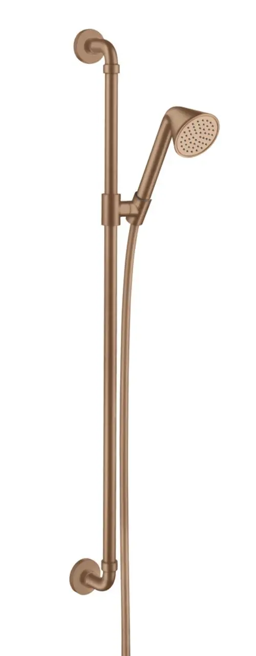 Handbrause mit Wandhalterung in gebürstetem Rotgold-Finish. Produktdesign von AXOR, eignet sich für moderne Badezimmeranwendungen.